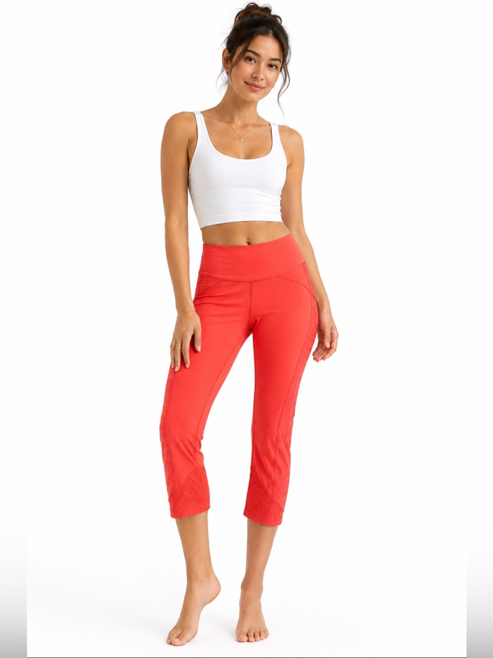 Lululemon High Rise Capri Crop Leggings Size 4 Coral Textured Panel Yoga EUC
